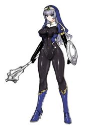 Rule 34 | 1girl, black bodysuit, blue eyes, bodysuit, boots, breasts, cameltoe, cleft of venus, covered erect nipples, covered navel, elbow gloves, full body, gloves, high heel boots, high heels, large breasts, latex, latex gloves, latex suit, long hair, mace, nun, original, rindou (radical dream), shield, silver hair, skin tight, solo, weapon