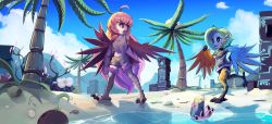Rule 34 | 2girls, ahoge, animal ears, bag, beach, bird ears, bird legs, black eyes, black shorts, blue feathers, blue wings, braid, brown eyes, brown skirt, brown tank top, cloud, coco (eogks), coconut, feathers, green hair, harpy, highres, jogging, long hair, looking at another, mako (eogks), midriff, monster girl, multiple girls, navel, nn (eogks), open mouth, orange feathers, orange hair, orange wings, original, palm tree, plant, red feathers, red wings, satchel, seashell, shell, short hair, shorts, siblings, sisters, skirt, sky, talons, tank top, tree, two-tone wings, very long hair, water, winged arms, wings