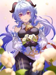 Rule 34 | ahoge, bare shoulders, bell, black gloves, black legwear, black leotard, blue hair, bodystocking, bodysuit, breasts, crotch, detached sleeves, flower, ganyu (genshin impact), genshin impact, gloves, gluteal fold, gold trim, highres, holding, holding flower, horns, leotard, leotard under clothes, long hair, looking at another, medium breasts, neck bell, oymng 5, parted lips, pelvic curtain, petals, purple eyes, qingxin flower, red rope, rope, sidelocks, solo, standing, tassel, thigh gap, thighlet, waist cape, white flower, white sleeves