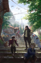 Rule 34 | 1girl, 4boys, absurdres, armin arlert, bird, brothers, cat, child, commentary, day, english commentary, envie p1, eren yeager, eyewear on head, highres, house, mikasa ackerman, multiple boys, outdoors, scenery, shingeki no kyojin, siblings, stairs, tree, zeke yeager