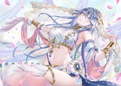Rule 34 | 1girl, alternate costume, armpits, bangle, bare shoulders, bracelet, breasts, circlet, crop top, dancer, detached sleeves, earrings, jewelry, large breasts, leg up, long hair, looking at viewer, lyfe bestla, making-of available, midriff, natsume koji, navel, open mouth, outstretched arm, sash, shirt, side slit, skirt, sleeveless, sleeveless shirt, snowbreak: containment zone, solo, stomach, thighhighs, thighs, veil, very long hair, white hair, white shirt, white skirt, white thighhighs, wide sleeves, yellow eyes