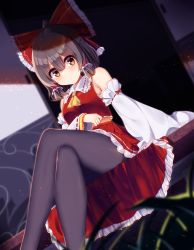 Rule 34 | 1girl, ascot, bare shoulders, black pantyhose, blush, bow, brown eyes, brown hair, closed mouth, crossed legs, ddt (darktrident), detached sleeves, dutch angle, frilled skirt, frills, hair bow, hair tubes, hakurei reimu, highres, long hair, looking at viewer, pantyhose, red bow, red skirt, red vest, ribbon-trimmed sleeves, ribbon trim, sitting, skirt, skirt set, sliding doors, solo, touhou, vest, wide sleeves, yellow ascot