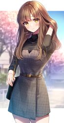 Rule 34 | 1girl, amagi shino, artist name, bag, belt, black sweater, blurry, blurry background, blush, brown belt, brown hair, cherry blossoms, closed mouth, contrapposto, cropped legs, day, dress, hand in own hair, handbag, highres, jewelry, letterboxed, long hair, looking at viewer, nail polish, necklace, original, outdoors, outside border, smile, solo, strapless, strapless dress, sweater, yellow eyes
