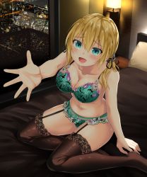 Rule 34 | 10s, 1girl, :d, alternate costume, anchor hair ornament, bare arms, bare shoulders, bed, bed sheet, black thighhighs, blonde hair, blue eyes, blush, bra, breasts, city, city lights, cleavage, collarbone, floral print, garter straps, green bra, green panties, hair ornament, kantai collection, lace, lace-trimmed legwear, lace trim, lingerie, looking at viewer, low twintails, medium breasts, night, no headwear, oekakizuki, on bed, open mouth, outstretched arm, palms, panties, pillow, prinz eugen (kancolle), short hair with long locks, sitting, smile, solo, thighhighs, twintails, underwear, underwear only, window, yokozuwari