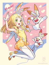 Rule 34 | 1girl, :d, alternate costume, arms up, blonde hair, braid, bunny day, commentary request, creatures (company), eyelashes, flat chest, full body, game freak, gen 8 pokemon, green eyes, hairband, high heels, highres, kinocopro, leotard, lillie (pokemon), long hair, nintendo, open mouth, pokemon, pokemon (creature), pokemon ears, pokemon sm, rabbit pose, scorbunny, smile, teeth, thighhighs, tongue, twin braids, twitter username, upper teeth only, watermark, white hairband, white thighhighs, wrist cuffs, yellow footwear, yellow leotard