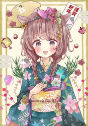 Rule 34 | 1girl, :d, absurdres, animal ears, bad id, bad pixiv id, blue kimono, blush, braid, brown eyes, brown hair, commentary request, cow ears, cow horns, floral print, highres, horns, japanese clothes, kimono, long hair, long sleeves, looking at viewer, obi, open mouth, original, print kimono, sash, smile, solo, tsukiyo (skymint), twin braids, wide sleeves