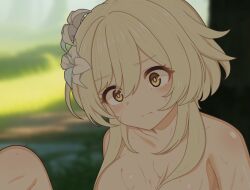 Rule 34 | 1girl, blonde hair, blurry, blurry background, blush, breasts, closed mouth, collarbone, completely nude, day, flower, genshin impact, grass, hair between eyes, hair flower, hair ornament, ichitarazu, looking to the side, lumine (genshin impact), medium breasts, nipples, nude, outdoors, shadow, short hair, short hair with long locks, sidelocks, sitting, solo, sunlight, tree, upper body, white flower, yellow eyes