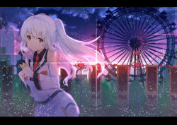 Rule 34 | 10s, 1girl, ahoge, breasts, building, cloud, crying, crying with eyes open, detached sleeves, ferris wheel, isla (plastic memories), koga rejini, letterboxed, light particles, long hair, looking at viewer, necktie, outdoors, plastic memories, red eyes, shirt, silver hair, sky, sleeveless, sleeveless shirt, smile, solo, sparkle, sunset, tears, twintails