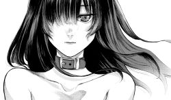 Rule 34 | 1girl, absurdres, bad id, bad pixiv id, bare shoulders, black hair, buckle, closed mouth, collar, collarbone, commentary, eyebrows, eyelashes, face, female focus, floating hair, greyscale, hair over one eye, highres, hiraoka koushi, huge filesize, leash, lips, long hair, looking at viewer, monochrome, original, simple background, solo