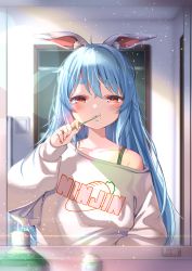 Rule 34 | 1girl, absurdres, ahoge, animal ear fluff, animal ears, blue hair, blush, bra strap, brushing teeth, clothes writing, commentary request, highres, holding, holding toothbrush, hololive, indoors, joniwi, light particles, long hair, long sleeves, looking at mirror, mirror, off shoulder, rabbit ears, red eyes, shirt, short eyebrows, solo, thick eyebrows, toothbrush, usada pekora, virtual youtuber, white shirt