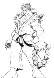 Rule 34 | 1990s (style), absurdres, blood, bloody tears, capcom, dougi, akuma (street fighter), highres, male focus, monochrome, muscular, spiked hair, street fighter, street fighter zero (series)