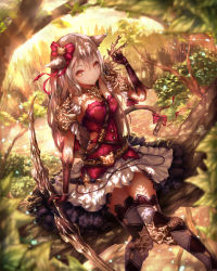 Rule 34 | 1girl, animal ears, arm support, arm up, armor, arrow (projectile), bare shoulders, belt, bow, bow (weapon), cat ears, cat tail, day, dress, elbow gloves, frilled skirt, frills, from above, gloves, h2o (dfo), hair bow, hair ornament, holding, jewelry, knee pads, long hair, looking at viewer, nature, necklace, original, outdoors, shadow, shoulder armor, sitting, skirt, smile, solo, strapless, strapless dress, sword, tail, thighhighs, weapon, white hair, white skirt, yellow eyes, zettai ryouiki