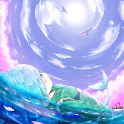 Rule 34 | 1girl, afloat, bird, blue eyes, blue hair, blue skirt, blush, cherry blossoms, commentary request, day, fins, fish, floating, frilled kimono, frills, head fins, highres, japanese clothes, kimono, long sleeves, looking up, lying, matching hair/eyes, mermaid, monster girl, obi, outdoors, petals, rie-co, sash, skirt, sky, smile, solo, sun, touhou, wakasagihime, water