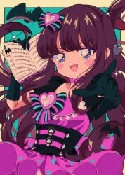 Rule 34 | 1girl, :d, absurdres, bat (animal), black gloves, blue eyes, book, bow, brown hair, club (shape), commentary request, diamond (shape), dress, fang, floating hair, gloves, hair bow, hair ornament, hand up, heart, heart hair ornament, highres, holding, holding book, kurosu aroma, long hair, looking at viewer, milon cas, open book, open mouth, pink dress, pointing, pointing at viewer, pretty series, pripara, retro artstyle, skin fang, smile, solo, spade (shape), sparkle, striped, striped bow