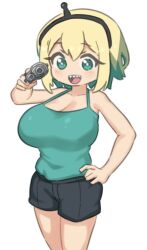 Rule 34 | 1girl, :d, aiming, aiming at viewer, alternate breast size, amano pikamee, bare arms, basukechi, black shorts, blonde hair, blush, breasts, green eyes, green shirt, gun, holding, holding gun, holding weapon, large breasts, open mouth, shirt, short shorts, shorts, simple background, sleeveless, sleeveless shirt, smile, solo, virtual youtuber, voms, weapon, white background