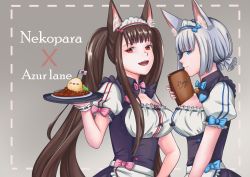 Rule 34 | 10s, 2girls, :d, absurdres, akagi (azur lane), animal ears, apron, azur lane, bell, bird, blue bow, blue eyes, blue neckwear, bow, bowtie, brown hair, cat ears, chao (chaoticalien), chick, chocola (nekopara), chocola (sayori) (cosplay), commentary request, copyright name, cosplay, curry, food, grey background, highres, jingle bell, kaga (azur lane), long hair, looking at viewer, maid, maid headdress, mini flag, multiple girls, nekopara, open mouth, pink bow, pink neckwear, profile, puffy short sleeves, puffy sleeves, red eyes, ribbon trim, short hair, short sleeves, simple background, smile, tray, twintails, vanilla (nekopara), vanilla (sayori) (cosplay), very long hair, waist apron, white hair
