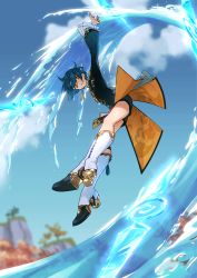 Rule 34 | 1boy, apollo hotori, blue hair, blurry, blurry background, chinese clothes, cloud, cloudy sky, day, earrings, frilled shirt collar, frilled sleeves, frills, genshin impact, highres, jacket, jewelry, long sleeves, male focus, ocean, short hair, shorts, single earring, sky, solo, tassel, tassel earrings, trap, water, xingqiu (genshin impact), yellow eyes