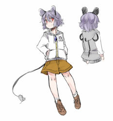 Rule 34 | 1girl, akagashi hagane, animal ears, animal hood, bad id, bad pixiv id, cropped torso, grey hair, hands in pockets, hood, hoodie, looking at viewer, mouse ears, mouse tail, multiple views, nazrin, red eyes, short hair, short shorts, shorts, simple background, socks, tail, touhou, turn around, wavy hair, white background, white legwear