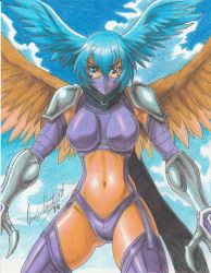 Rule 34 | 1girl, 2019, absurdres, aqua hair, armor, blue eyes, bra, breasts, claws, cloud, colored pencil (medium), digimon, digimon (creature), digimon frontier, facepaint, feathered wings, female focus, garter straps, gauntlets, head wings, highres, looking at viewer, mask, monster girl, mouth mask, navel, outdoors, panties, purple bra, purple panties, ravernclouk design, revealing clothes, shoulder armor, shutumon, signature, sky, solo, standing, thighhighs, traditional media, underwear, wings