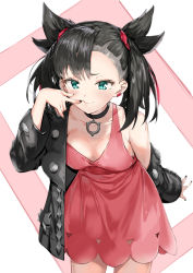 Rule 34 | 1girl, asymmetrical bangs, black choker, black hair, black jacket, black nails, blurry, blurry background, blush, breasts, choker, closed mouth, collarbone, commentary request, creatures (company), dress, earrings, game freak, hair ribbon, highres, jacket, jewelry, leaning forward, long sleeves, looking at viewer, marnie (pokemon), medium breasts, nail polish, nintendo, off shoulder, pink dress, pixel (yuxian), pokemon, pokemon swsh, red ribbon, ribbon, solo, standing, twintails