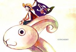 Rule 34 | 1boy, flag, going merry, hat, holding, holding flag, indian style, jolly roger, male focus, monkey d. luffy, one piece, pirate, ship, shorts, sitting, smile, solo, straw hat, tsuyomaru, vest, watercraft
