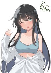 Rule 34 | 1girl, absurdres, artist logo, artist name, asashio (kancolle), black hair, blue bra, blue eyes, bra, collarbone, collared shirt, commentary request, dress shirt, highres, kantai collection, lanthan, long hair, one-hour drawing challenge, one eye closed, open mouth, shirt, simple background, solo, sports bra, underwear, upper body, white background, white shirt