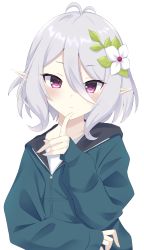 Rule 34 | 1girl, absurdres, antenna hair, blush, child, commentary request, finger to mouth, flower, grey hair, hair flower, hair ornament, highres, jacket, kokkoro (princess connect!), long sleeves, looking at viewer, pointy ears, princess connect!, purple eyes, short hair, simple background, solo, upper body, white background, zeatto