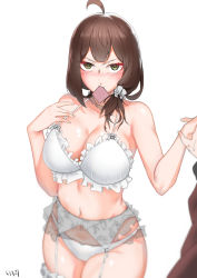 Rule 34 | 1girl, absurdres, ahoge, bad id, bad pixiv id, bare shoulders, blush, bra, breasts, brown hair, character request, cleavage, condom, condom in mouth, condom wrapper, disembodied hand, frills, garter belt, garter straps, highres, hip focus, large breasts, looking at viewer, medium hair, mouth hold, navel, neoguri, original, panties, scrunchie, solo focus, thighhighs, thighs, underwear, white bra, white panties, white scrunchie, yellow eyes