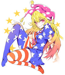 Rule 34 | 1girl, american flag dress, american flag pants, blonde hair, breasts, closed mouth, clownpiece, dress, gradient hair, hair between eyes, hand on own knee, hand up, hat, highres, ichizen (o tori), jester cap, long hair, looking at viewer, medium breasts, multicolored hair, neck ruff, one-hour drawing challenge, pants, pink eyes, pink hair, pink hat, polka dot, polka dot headwear, short sleeves, simple background, sitting, smile, solo, star (symbol), star print, striped clothes, striped dress, striped pants, touhou, white background