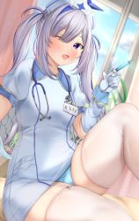 Rule 34 | 1girl, :d, absurdres, amane kanata, blue dress, blue gloves, blue panties, blunt bangs, curtains, detached sleeves, dress, gloves, hat, highres, holding, holding syringe, hololive, infirmary, lomocya, looking at viewer, name tag, nurse, nurse cap, on bed, one eye closed, open mouth, panties, purple eyes, sidelocks, silver hair, sitting, smile, solo, stethoscope, syringe, thighhighs, thighs, twintails, underwear, virtual youtuber, white thighhighs, window