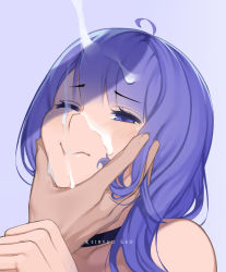 Rule 34 | 1boy, 1girl, ahoge, bare shoulders, black choker, blush, choker, closed mouth, commentary, copyright request, cum, cum on hair, english commentary, face grab, facial, grey background, hetero, holding another&#039;s wrist, keiryuu seo, long hair, one eye closed, purple eyes, purple hair, simple background, solo focus, suggestive fluid, upper body