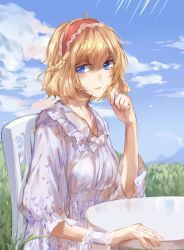 Rule 34 | 1girl, alice margatroid, bad id, bad pixiv id, blonde hair, blue eyes, blue sky, bow, chair, cloud, day, dress, hair bow, highres, jewelry, looking at viewer, meng ziya, ring, short hair, sitting, sky, smile, solo, table, touhou, white dress