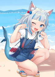 Rule 34 | 1girl, beach, blue eyes, blue hair, blue sky, blunt bangs, blush, clothing request, commentary request, day, fins, fish tail, full body, gawr gura, hair ornament, highres, hololive, hololive english, looking at viewer, medium hair, multicolored hair, nail polish, ocean, one eye closed, open mouth, outdoors, sandals, shark tail, sharp teeth, shirt, short sleeves, silver hair, sky, smile, solo, squatting, streaked hair, tail, teeth, toenail polish, toenails, virtual youtuber, white shirt, xuan chu