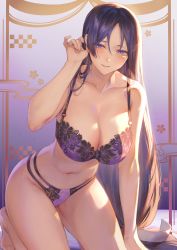 Rule 34 | 1girl, absurdres, barefoot, blush, bra, breasts, cleavage, collarbone, commentary, fate/grand order, fate (series), floral print, hand in own hair, highres, kneeling, large breasts, lingerie, long hair, mashuu (neko no oyashiro), mature female, minamoto no raikou (fate), navel, panties, parted bangs, parted lips, purple background, purple bra, purple eyes, purple hair, purple panties, smile, solo, thighs, underwear