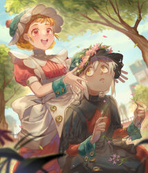 Rule 34 | 2girls, absurdres, apron, blonde hair, braid, dark-skinned female, dark skin, day, dress, flower, flower wreath, gtcockroach, hat, highres, holding, long sleeves, looking to the side, looking up, maid, multiple girls, open mouth, original, outdoors, pink hair, puffy short sleeves, puffy sleeves, short hair, short sleeves, sitting, sky, sleeve cuffs, smile, tree, twin braids, white hair, wrist cuffs, yellow eyes