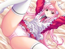 Rule 34 | 00s, 1girl, apron, bow, bowtie, dress, flower, hair flower, hair ornament, legs up, long hair, lucy maria misora, lying, maid, maid apron, maid headdress, on back, panties, petticoat, pink hair, pink panties, red dress, red eyes, red skirt, skirt, solo, spread legs, thighhighs, to heart (series), to heart 2, underwear, white thighhighs