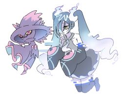 Rule 34 | 1girl, bare shoulders, black skirt, black sleeves, black thighhighs, colored sclera, creatures (company), detached legs, detached sleeves, floating, full body, game freak, gen 4 pokemon, ghost miku (project voltage), glitch, gradient hair, grey shirt, hat, hatsune miku, highres, long hair, mismagius, multicolored hair, necktie, nintendo, pale skin, parted lips, pokemon, pokemon (creature), project voltage, red eyes, see-through, see-through skirt, shirt, simple background, skirt, sleeves past fingers, sleeves past wrists, solo, thighhighs, twintails, very long hair, vocaloid, white background, white hair, white necktie, will-o&#039;-the-wisp (mythology), witch hat, yellow eyes, yellow sclera, yunayuispink