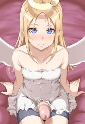 Rule 34 | 1girl, angel, angel wings, arm support, bare arms, black shorts, blonde hair, blue eyes, blush, broken halo, censored, closed mouth, commentary request, crimvael, dress, erection, flat chest, futanari, halo, highres, himesamaiove, ishuzoku reviewers, large penis, long hair, looking at viewer, mosaic censoring, nose blush, off-shoulder dress, off shoulder, penis, shorts, sitting, smile, solo, white dress, white wings, wings