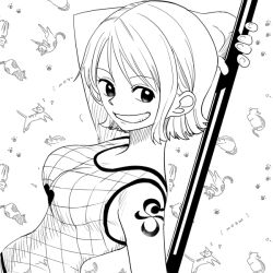 Rule 34 | 1girl, cat, commentary request, eyelashes, greyscale, happy, holding, holding staff, monochrome, nami (one piece), ns1123, one piece, shirt, short hair, sketch, smile, solo, staff, tattoo, white background