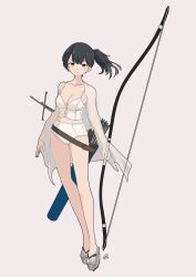 Rule 34 | 1girl, alternate costume, arrow (projectile), bikini, black hair, bow (weapon), breasts, full body, highres, holding, holding bow (weapon), holding weapon, kaga (kancolle), kantai collection, long hair, medium breasts, neve (morris-minicooper), quiver, shawl, short sidetail, side ponytail, solo, swimsuit, weapon, white bikini, white shawl, yellow eyes, yumi (bow)