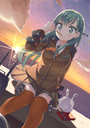 Rule 34 | 10s, 1girl, absurdres, aqua eyes, aqua hair, ascot, bag, breasts, cannon, cloud, eating, getou, hair ornament, hairclip, highres, jacket, kantai collection, loafers, long hair, ocean, plastic bag, pleated skirt, pocky, school uniform, shipyard, shoes, sitting, skirt, sky, smile, solo, sun, sunset, suzuya (kancolle), thighhighs, turret, water