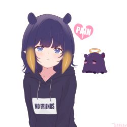 Rule 34 | 1girl, = =, absurdres, alternate costume, alternate hair length, alternate hairstyle, black hair, black hoodie, blush, broken heart, english text, farc, frown, hair behind ear, halo, heart, highres, hololive, hololive english, hood, hoodie, medium hair, ninomae ina&#039;nis, pointy ears, solo, takodachi (ninomae ina&#039;nis), tentacle hair, upper body, virtual youtuber