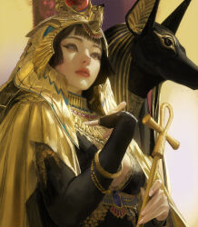 Rule 34 | 1girl, anubis (mythology), armor, bird hair ornament, blunt bangs, breasts, brown eyes, brown hair, egyptian, egyptian clothes, fingerless gloves, gloves, gold armor, gradient background, hair ornament, hand up, highres, holding, large breasts, orange background, original, sangsoo jeong, short hair, solo, tagme, white background