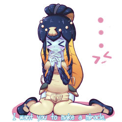 Rule 34 | &gt; &lt;, 1girl, apron, blue skin, blunt bangs, blush, breasts, closed eyes, colored skin, english text, fins, fish girl, hair ornament, minette (skullgirls), monster girl, own hands clasped, own hands together, praying, scales, shell, sitting, skullgirls, solo, sweatdrop, thighhighs, toki (tokinokogiri), waitress, wariza, wavy mouth