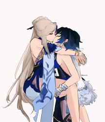 Rule 34 | 2girls, armlet, bare shoulders, blue dress, blue hair, bob cut, breasts, cape, china dress, chinese clothes, closed eyes, dress, earrings, fur-trimmed cape, fur-trimmed sleeves, fur trim, genshin impact, gloves, hair ornament, hair stick, highres, jewelry, kiss, long hair, medium breasts, multiple girls, ningguang (genshin impact), ningguang (orchid&#039;s evening gown) (genshin impact), official alternate costume, short hair, simple background, tassel, tassel hair ornament, yelan (genshin impact), yuri, zahauku