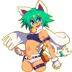 Rule 34 | 1girl, animal ears, aqua eyes, arm strap, bell, belt, beryl (shinrabanshou), cat ears, cat tail, cowboy shot, cropped legs, fangs, fingerless gloves, gloves, green eyes, green hair, hair between eyes, looking at viewer, metata, micro shorts, midriff, nail polish, navel, open mouth, outline, scarf, shinrabanshou, short hair, short shorts, shorts, smile, solo, tail, tail ornament, tail ring, teeth, thigh strap, upper teeth only, white background, white gloves