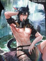 Rule 34 | 1boy, abs, absurdres, animal ears, arm up, armpits, warrior of light (ff14), bare arms, bikini briefs, black hair, blurry, blurry background, briefs, capelet, cat ears, cat tail, collared capelet, copyright name, crying, crying with eyes open, day, fang, fang out, fictional persona, final fantasy, final fantasy xiv, fingernails, garter belt, hair between eyes, hair ornament, hajun (hey sangha), half-closed eyes, hand on own head, high collar, highres, huge filesize, knee up, male focus, male underwear, messy hair, miqo&#039;te, mouth hold, navel, nipples, outdoors, pectorals, red eyes, short hair, short sleeves, sitting, solo, stomach, tail, tears, toned, topless male, twitter username, underwear, undressing, water, waterfall, watermark, web address, wet, wet hair