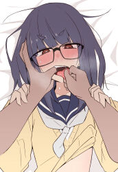 Rule 34 | 1girl, ame (amechan17391739), blue hair, blunt bangs, blush, cardigan, clothes lift, finger in another&#039;s mouth, glasses, highres, long hair, lying, on back, oogaki chiaki, pov, school uniform, shirt lift, tongue, tongue grab, tongue out, yurucamp
