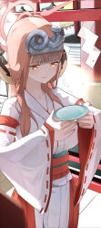 Rule 34 | 1girl, absurdres, alcohol, alternate costume, aru (blue archive), blue archive, brown horns, cup, demon horns, hair ornament, halo, highres, holding, holding cup, horns, japanese clothes, kimono, long hair, long sleeves, obi, pink hair, pink halo, revision, ryeon (bluetom1), sakazuki, sake, sash, solo, white kimono, wide sleeves, yellow eyes