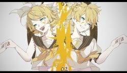 Rule 34 | 1boy, 1girl, bare shoulders, blonde hair, blue eyes, bow, collar, crypton future media, eiku, grey background, hair bow, hair ornament, hairclip, highres, holding hands, kagamine len, kagamine rin, letterboxed, looking at viewer, midriff peek, navel, neckerchief, open mouth, parted lips, piapro, sailor collar, shirt, short hair, short sleeves, sleeveless, sleeveless shirt, smile, upper body, vocaloid, white bow, white shirt, yellow neckerchief